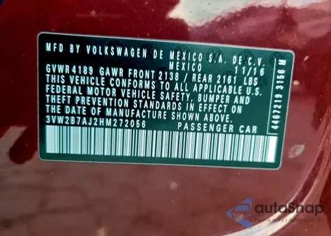 2017 Volkswagen Jetta S z USA, uszkodzony, nr VIN 3VW2B7AJ2HM272056